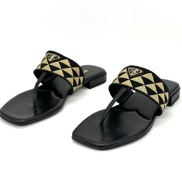 PRADA Triangular Triangle Logo Jacquard Woven T Strap Thong Flat Sandals - Picture 10 of 16